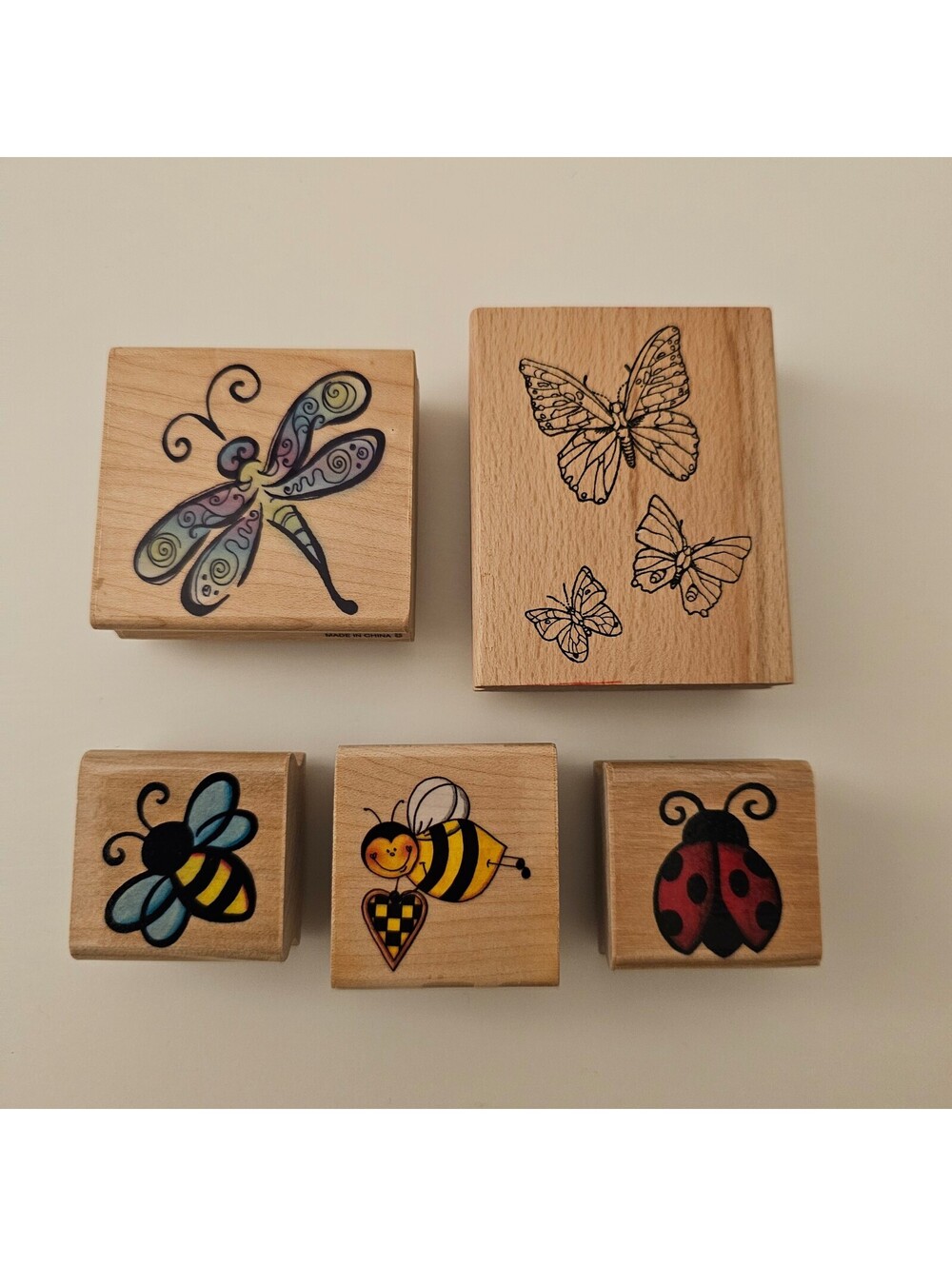 Lot of 5 Rubber Wood Mounted Stamps Insects Bee Dragonfly Butterfly Ladybug